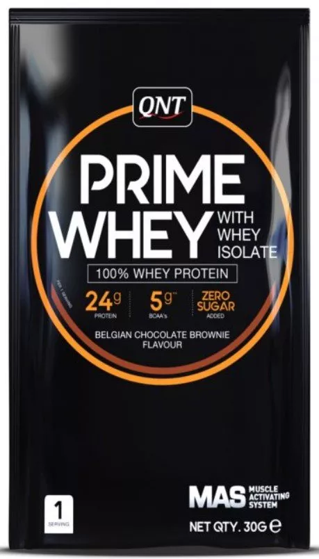 Σκόνες πρωτεΐνης QNT PRIME WHEY- 100 % Whey Isolate & Concentrate Blend 30 g Belgian Chocolate Brownie