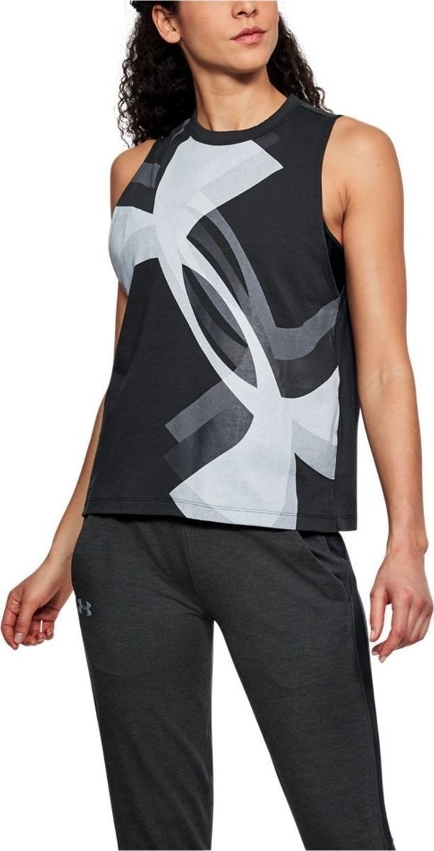 Under Armour UA HeatGear Ladies Overlay Logo Grey Muscle Tank Running Vest 