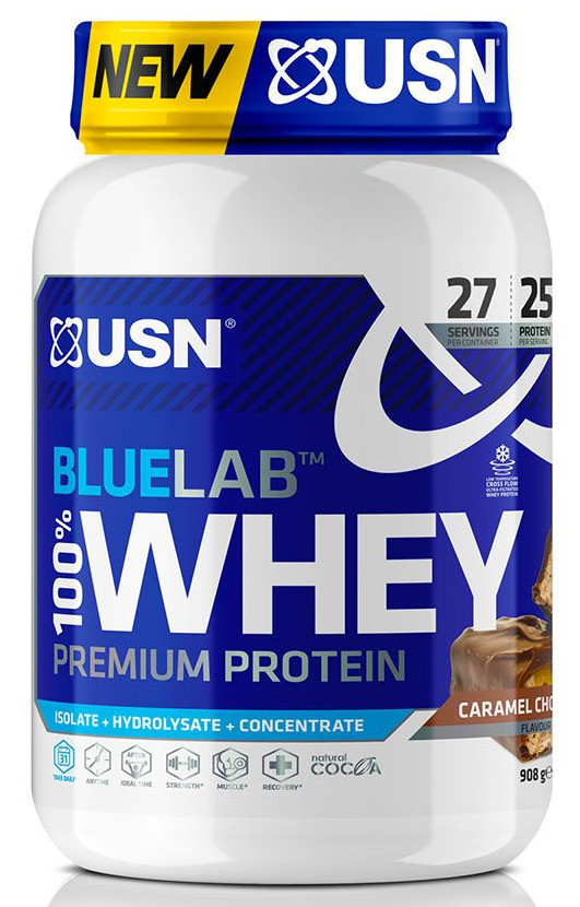 Syrovátkový proteinový prášek USN 100 % Premium BlueLab 908 g čokoláda s karamelem