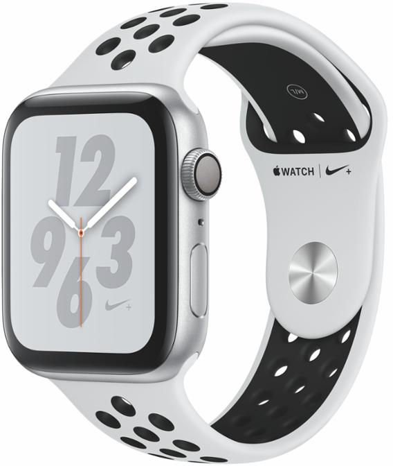 Apple Watch + Series 4 GPS, 44mm Silver Aluminium Case with Pure Platinum/Black Sport Band